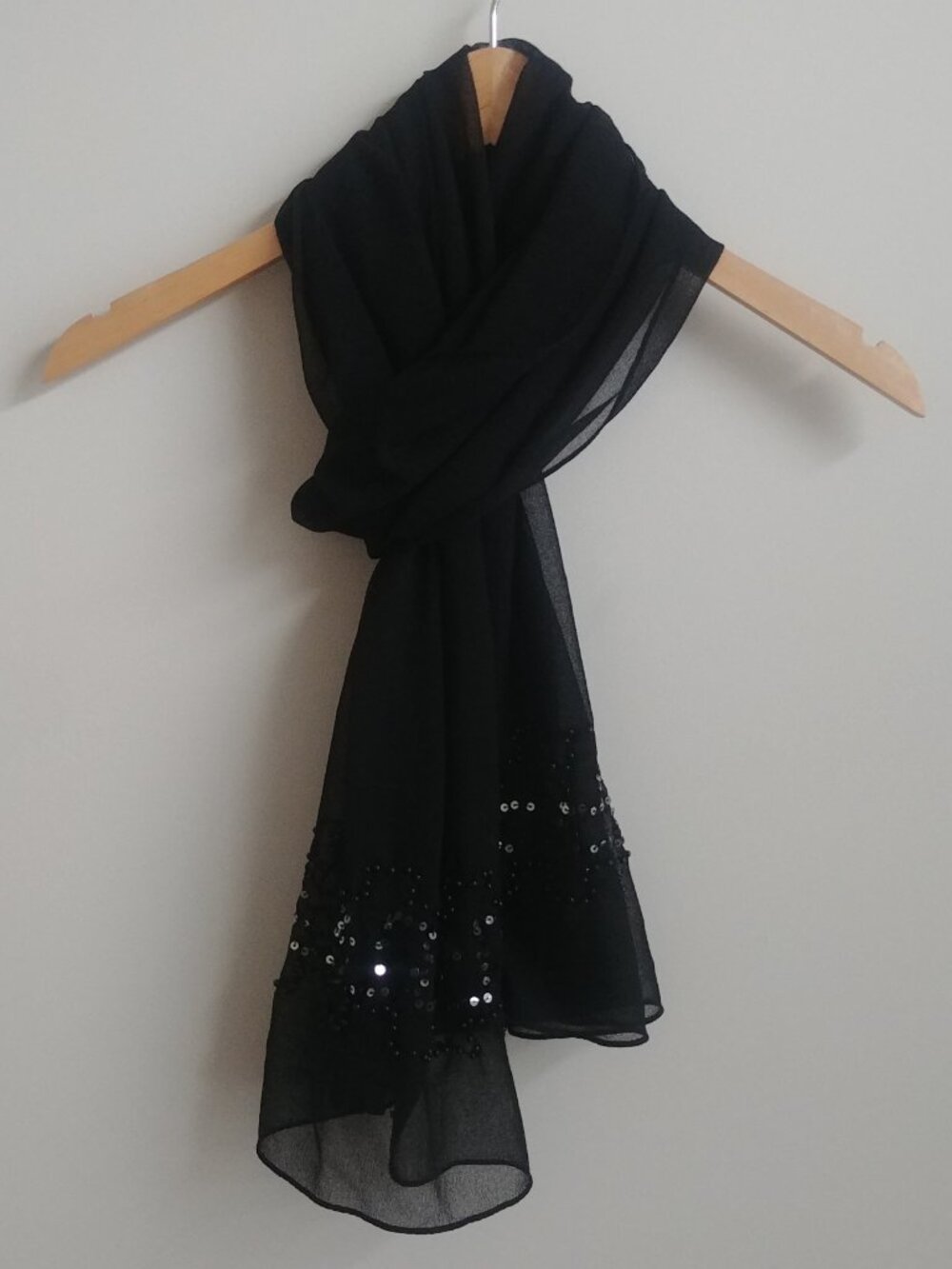 Large rectangular semi sheer black scarf with beading and sequins